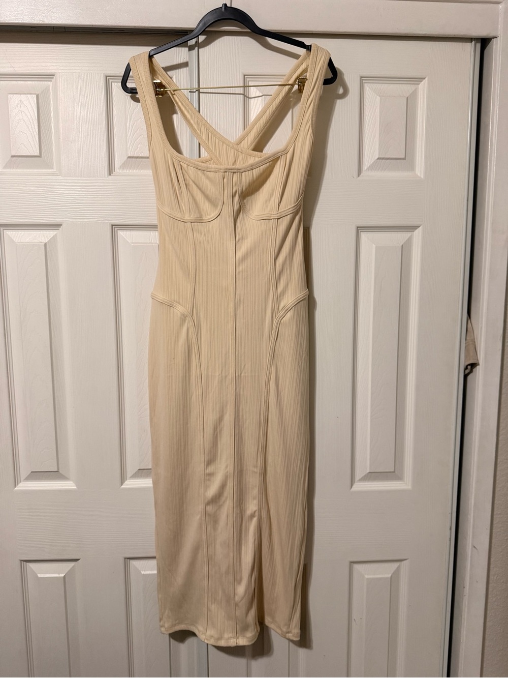Fashion Nova Beige Cream Ribbed Midi Dress with Cross Back